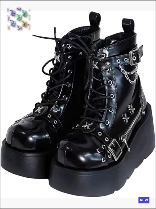 Shoes - Womens Goth Platform Ankle Boots with Bat Wing Buckles Chunky Block Heels Round